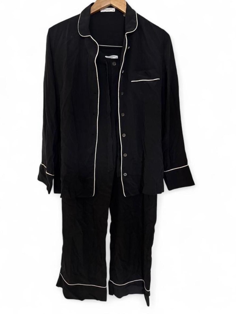 Equipment Black Pajama-Style Silk Shirt and Pants Set with White Piping
